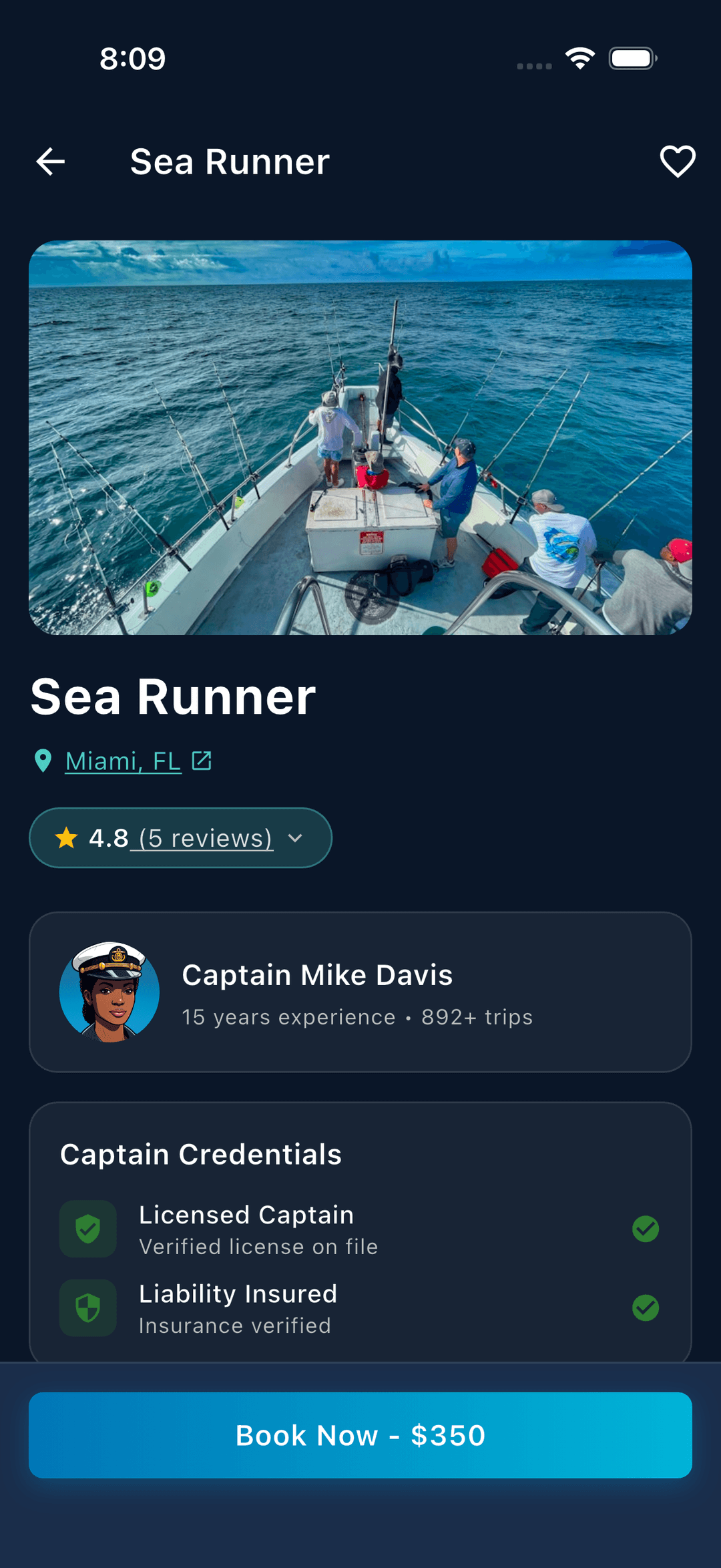 Chartrr charter detail - captain info and booking