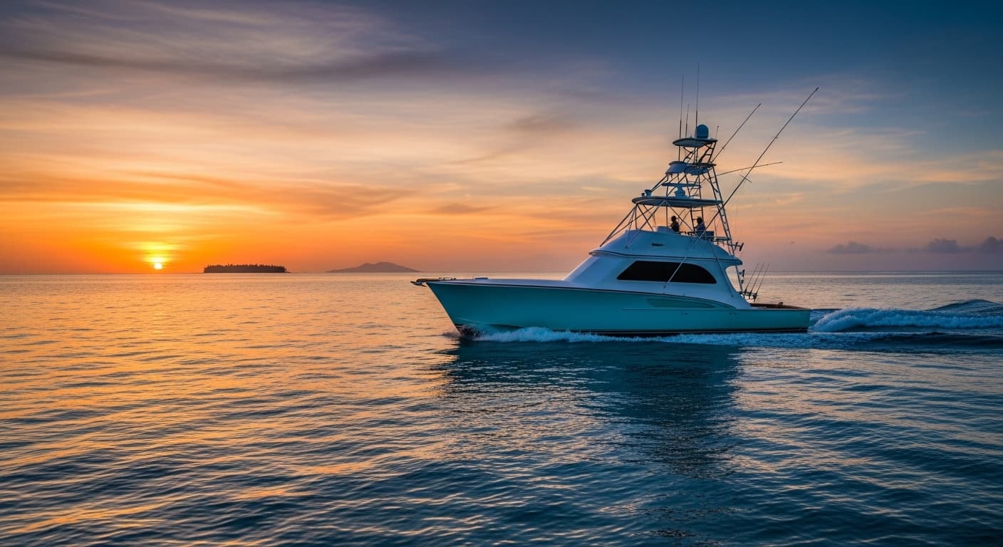 Charter fishing boat at golden hour on the open ocean